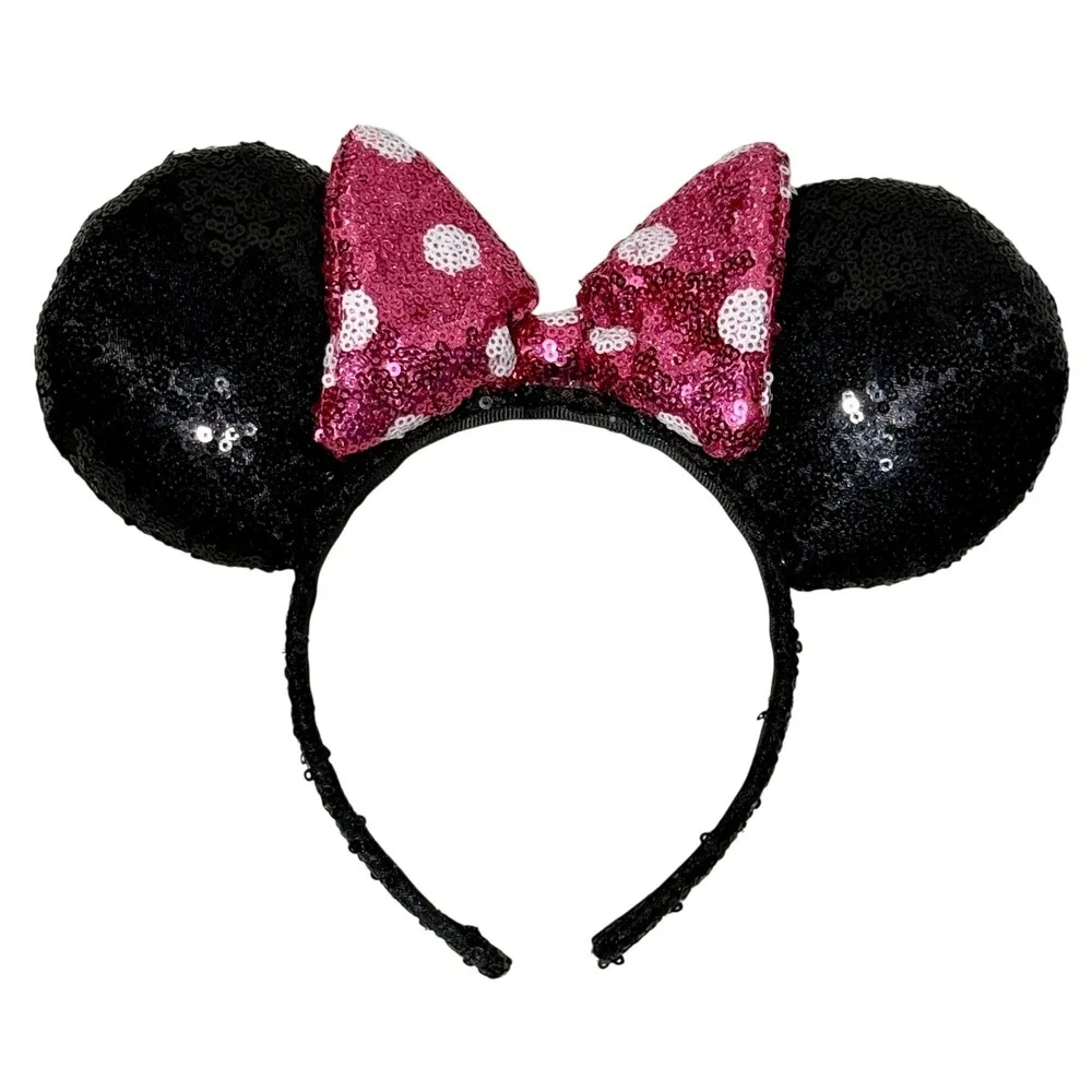 Disney Mickey Ears Minnie Mouse Headband Pink Polka Dot Bow Sequins Disneyland